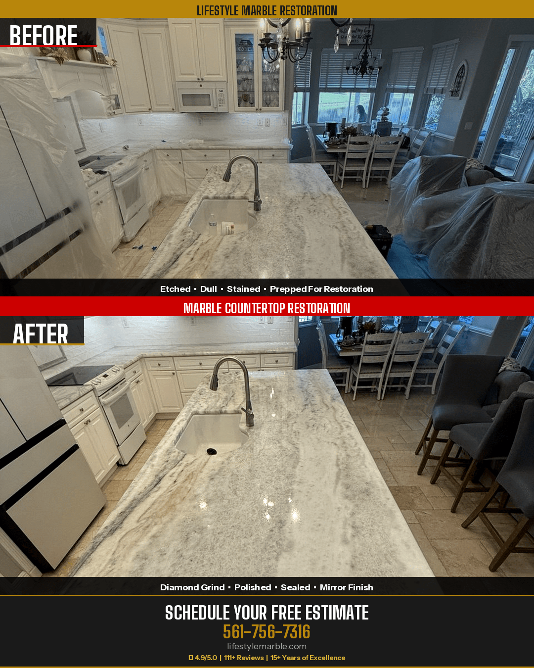 Marble countertop polish before after Boca Raton