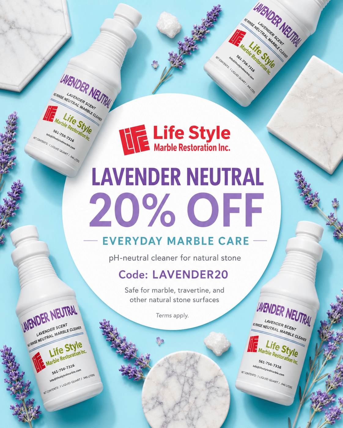 Lavender Neutral anniversary offer with lavender sprigs and marble