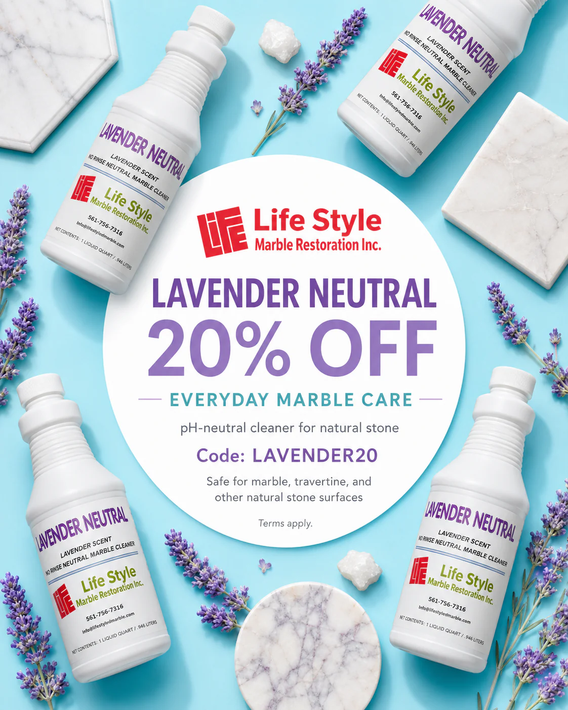 Lavender Neutral anniversary offer with lavender sprigs and marble