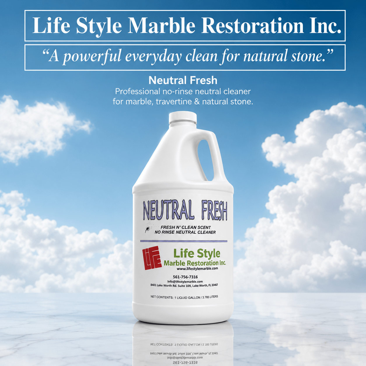Neutral Fresh bottle displayed against a sky background with marble floor and product tagline