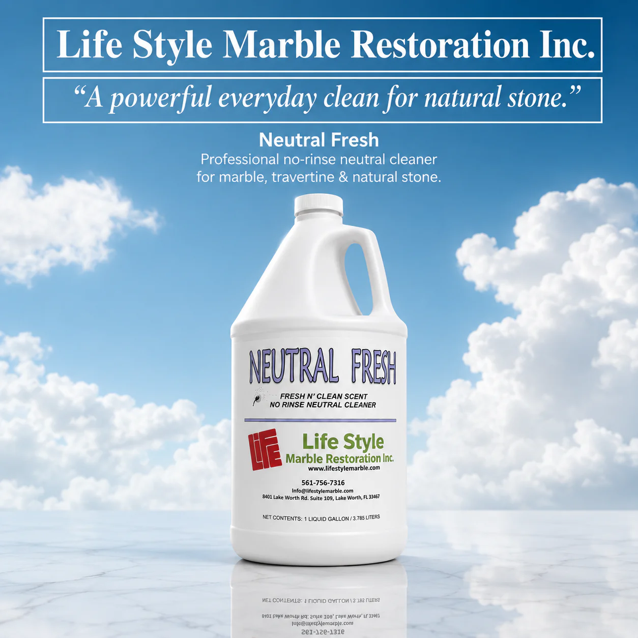 Neutral Fresh bottle displayed against a sky background with marble floor and product tagline
