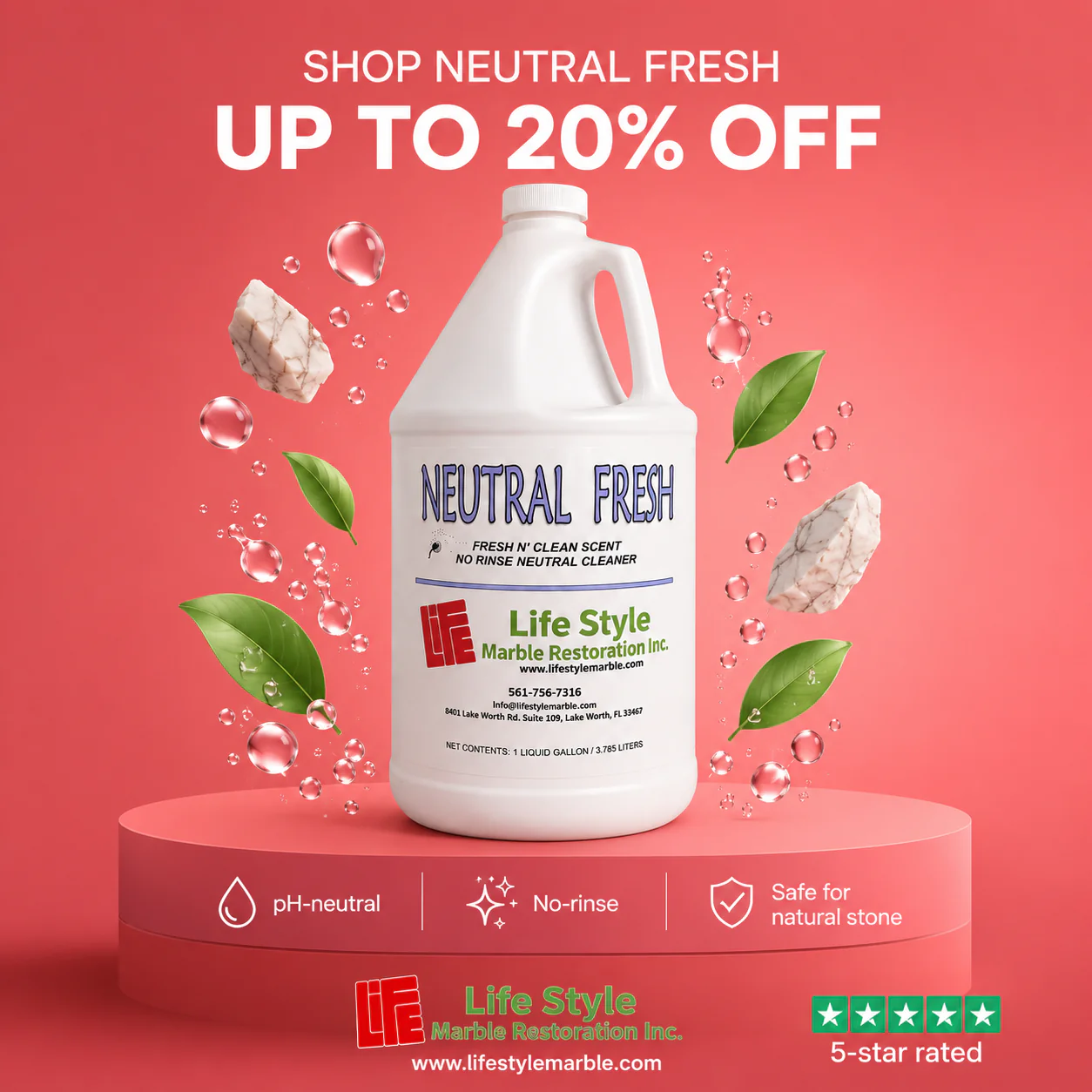 Neutral Fresh bottle on a promotional pedestal with pH-neutral, no-rinse and natural stone safe callouts