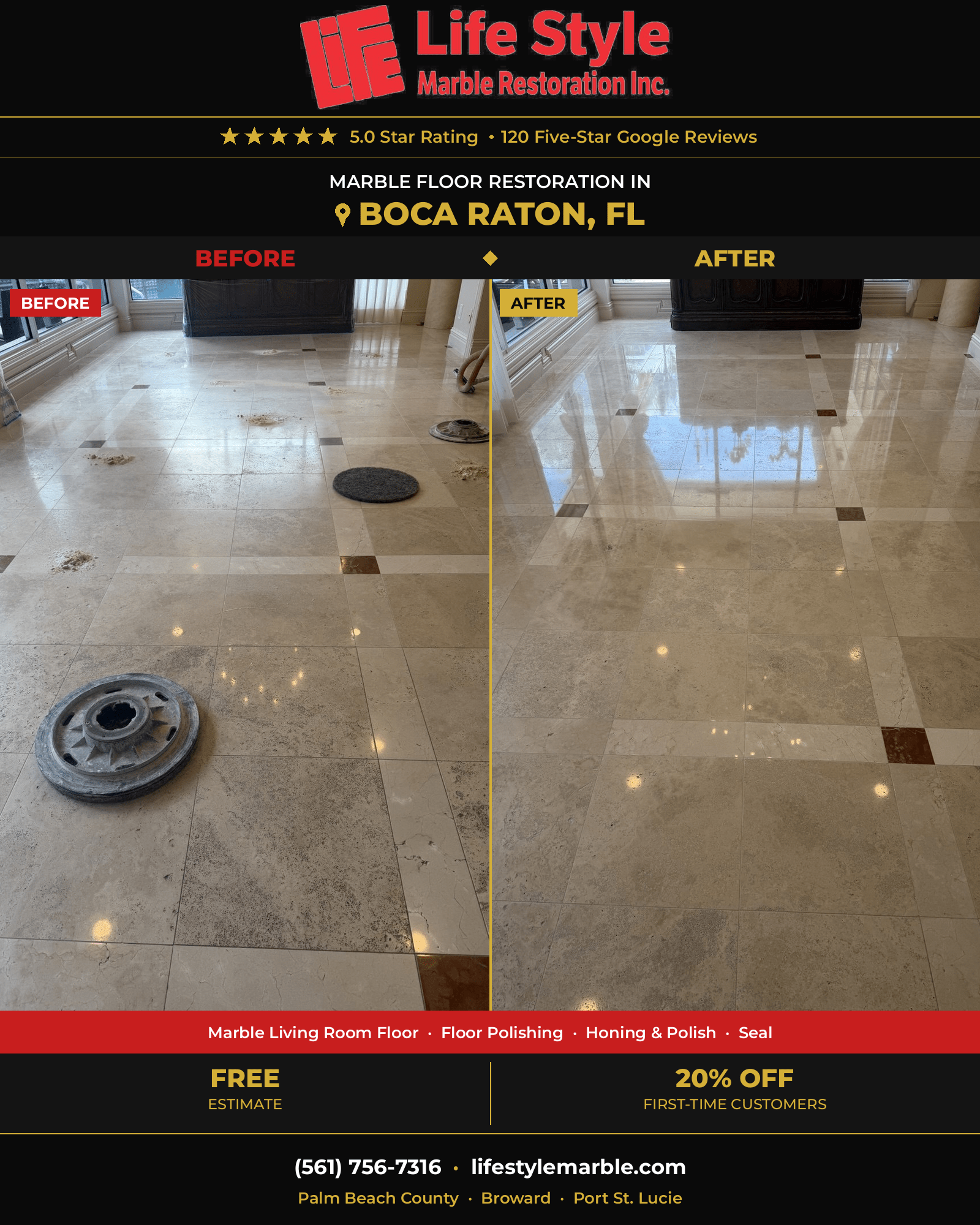 Marble living room floor before and after polishing